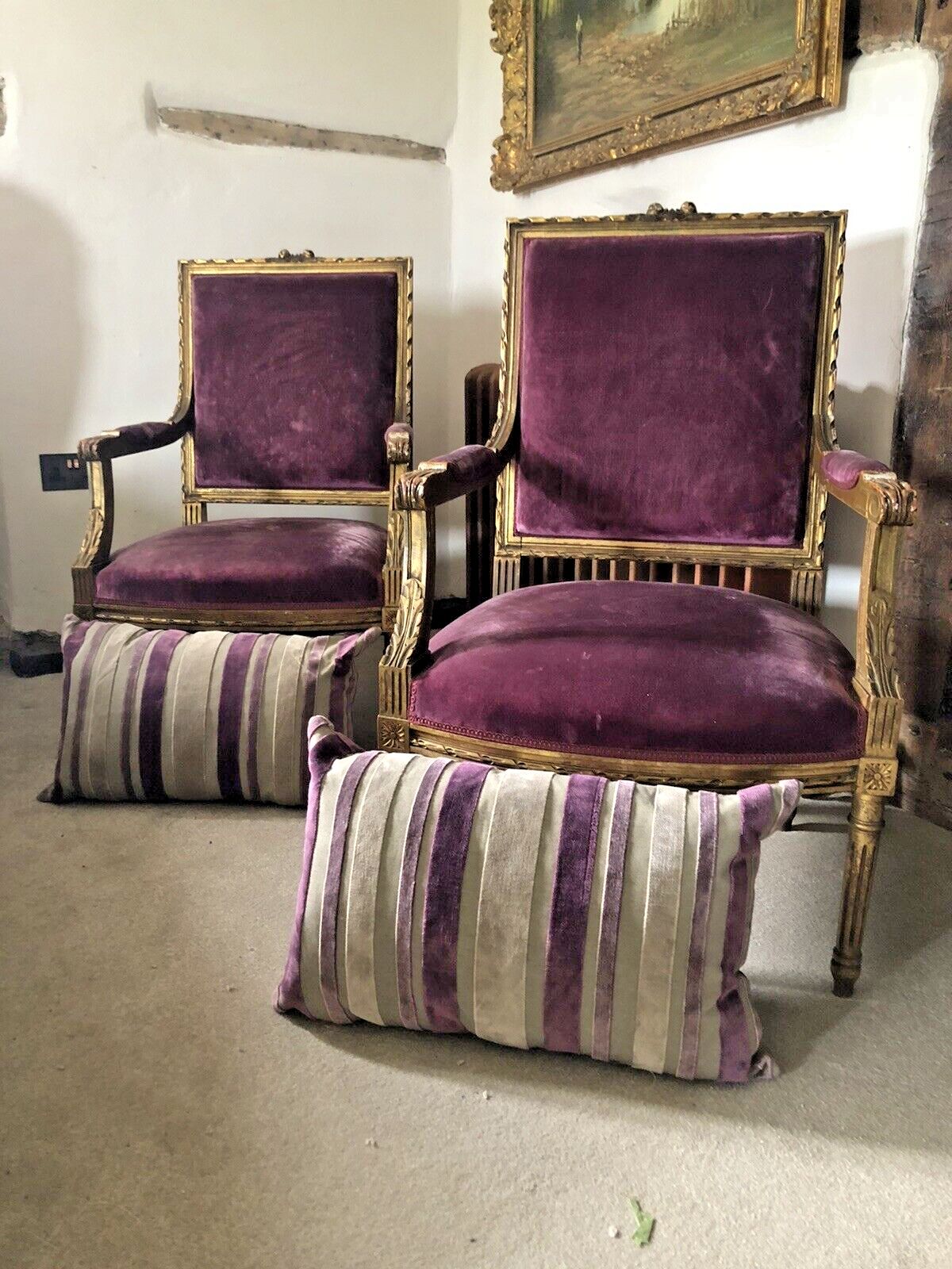 photo buy Antique French Empire Orchid Distressed Gold Giltwood Throne Armchairs  C1850