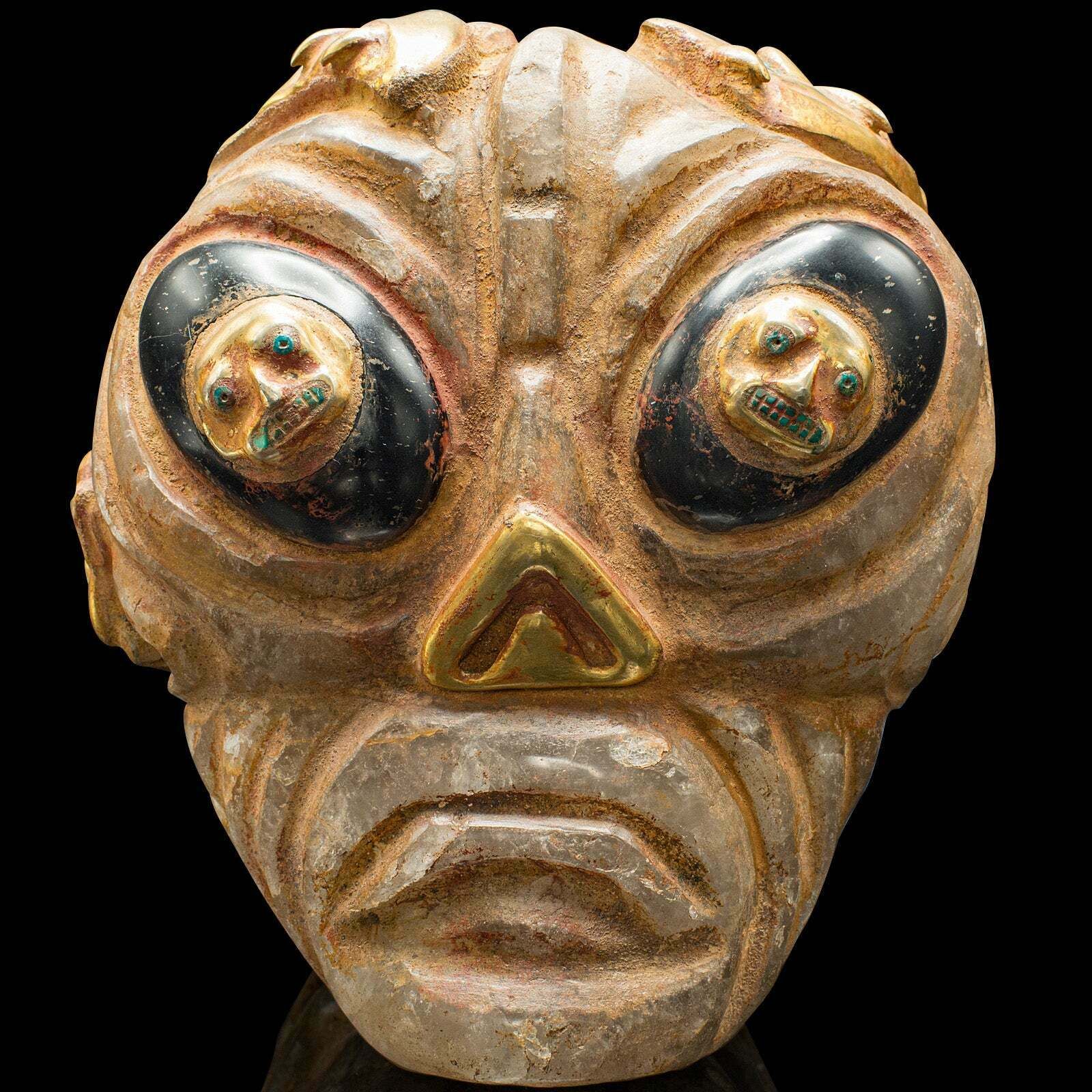 Heavy Vintage Deity Head, South American, Carved Crystal, Gilt Metal, Artefact photo vintage