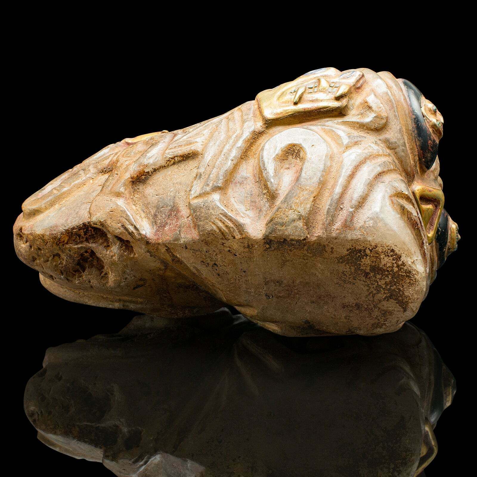 photo furniture Heavy Vintage Deity Head, South American, Carved Crystal, Gilt Metal, Artefact