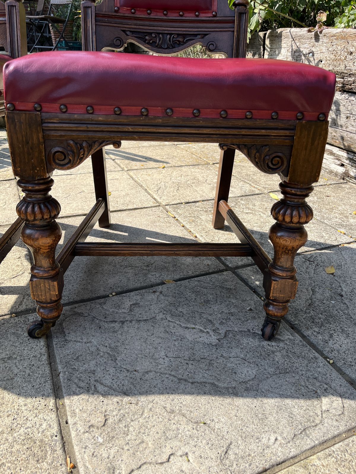 2 Edwardian Style Chairs With Red Leather And Ornate Carvings photo furniture