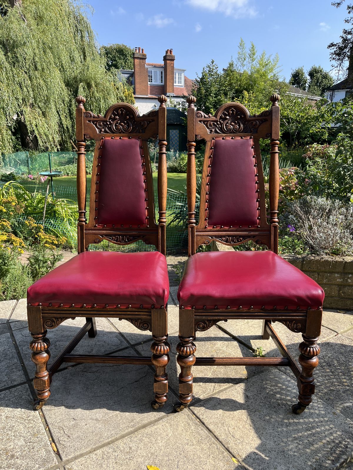 2 Edwardian Style Chairs With Red Leather And Ornate Carvings photo buy
