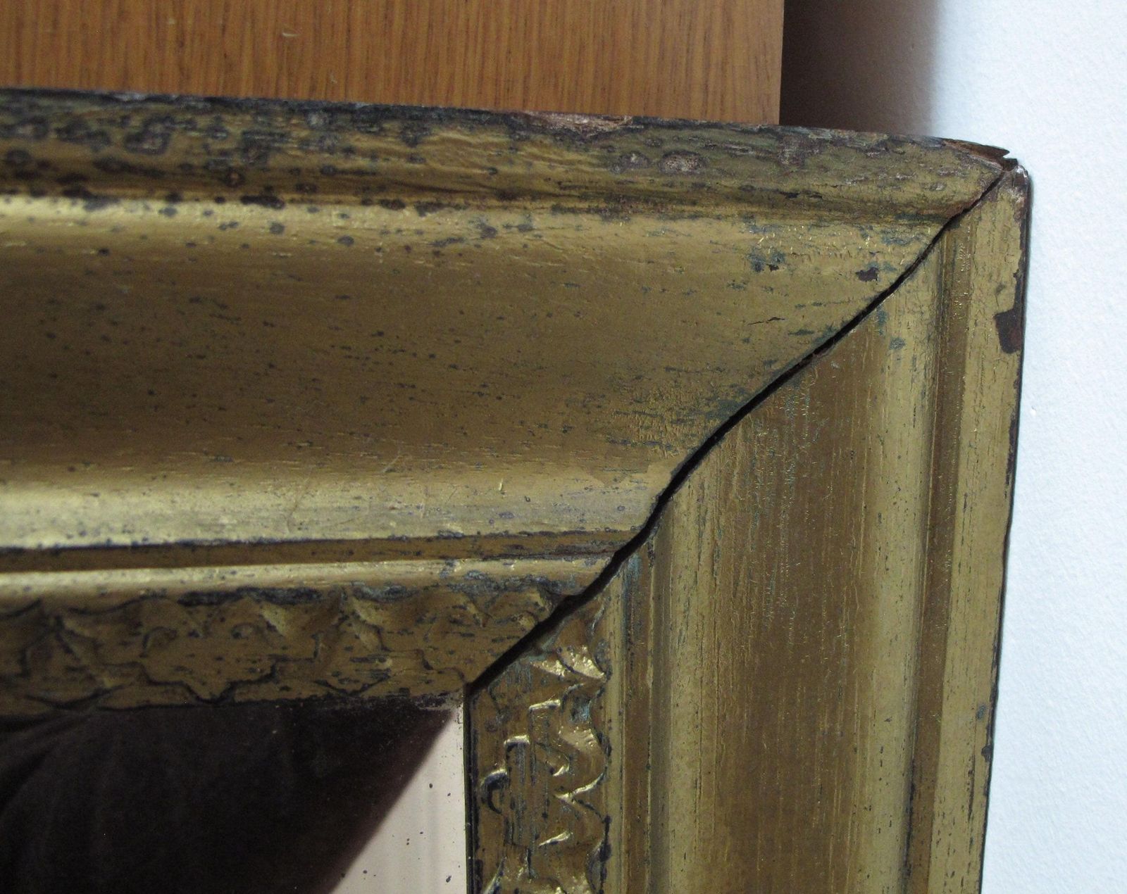 Antique, Arts And Crafts, Rectangular Oak Framed Mirror. Worn Gold Paint   Ready To Hang With New Chain. photo vintage