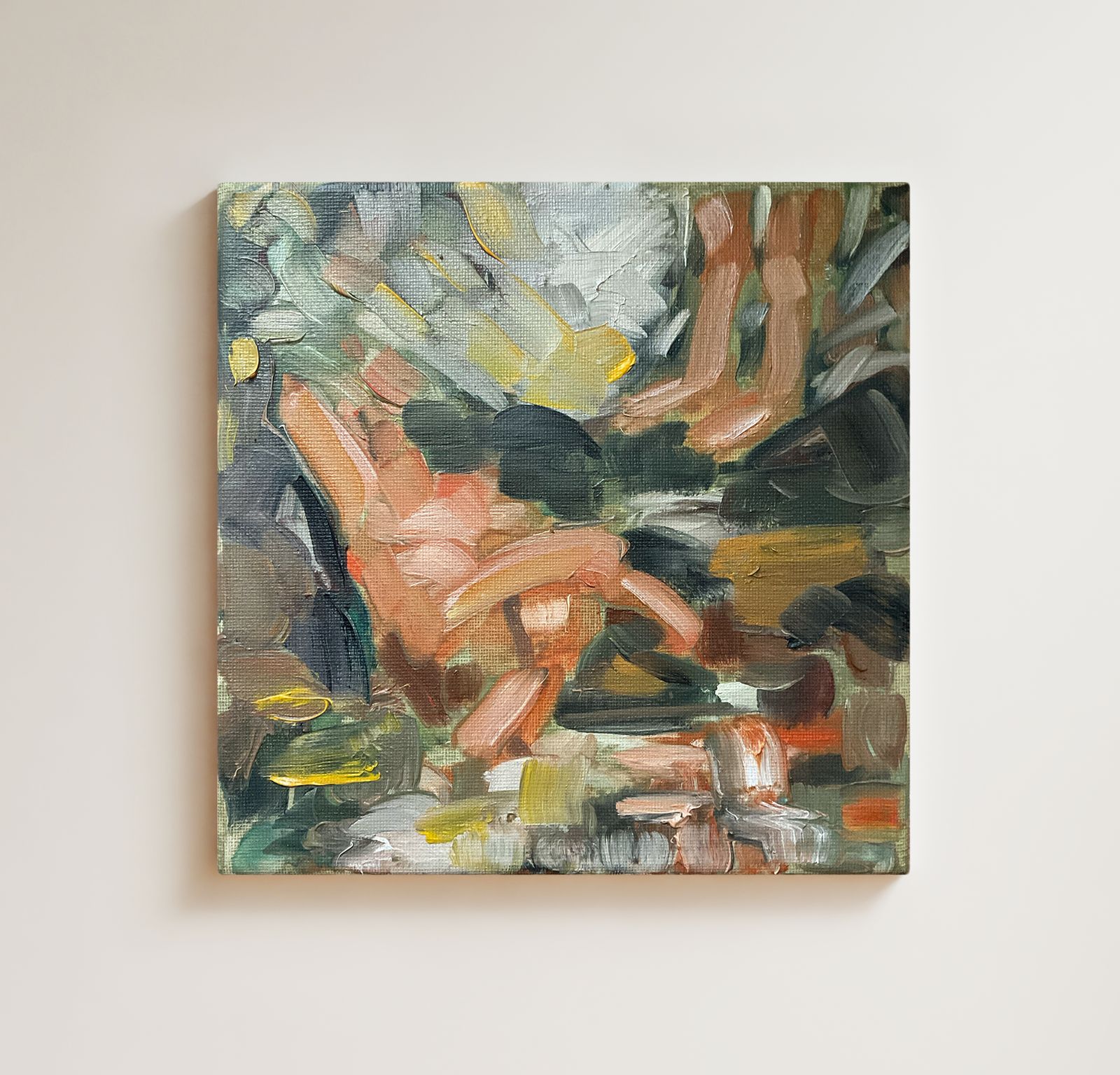 Original Oil Painting Bathers Abstract Landscape Signed Roth 8 X 8 Inches