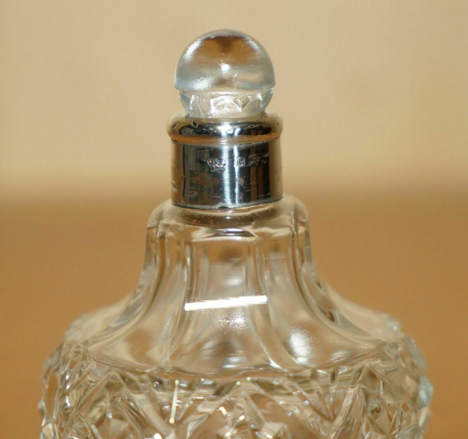 Fine 1929 Art Deco Antique Sterling Silver Perfume Bottle In Cut Glass Crystal photo for sale