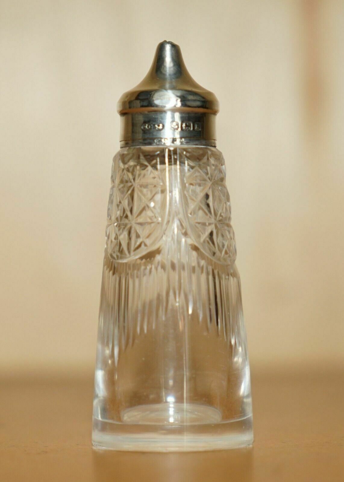Antique 1909 John Grinsell & Sons Sterling Silver Cut Glass Crystal Salt Shaker