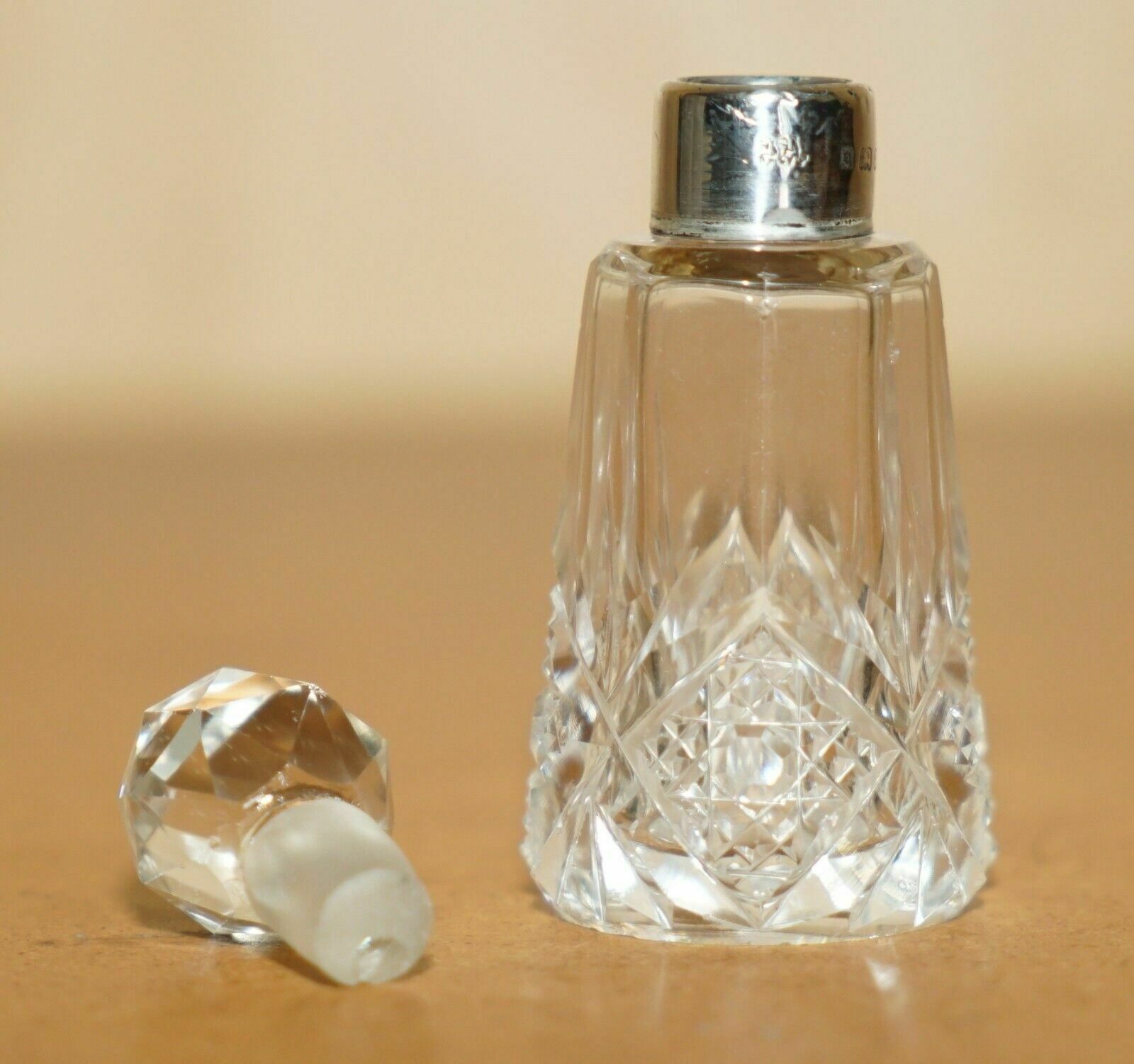Minature 1929 Antique Perfume Bottle Flask Cut Glass Crystal Sterling Silver photo 245.0