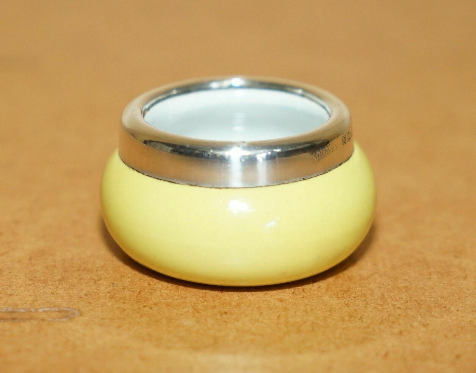 Minature Henry Perkins & Sons Antique Porcelain Trinket Pot Sterling Silver Trim photo for sale