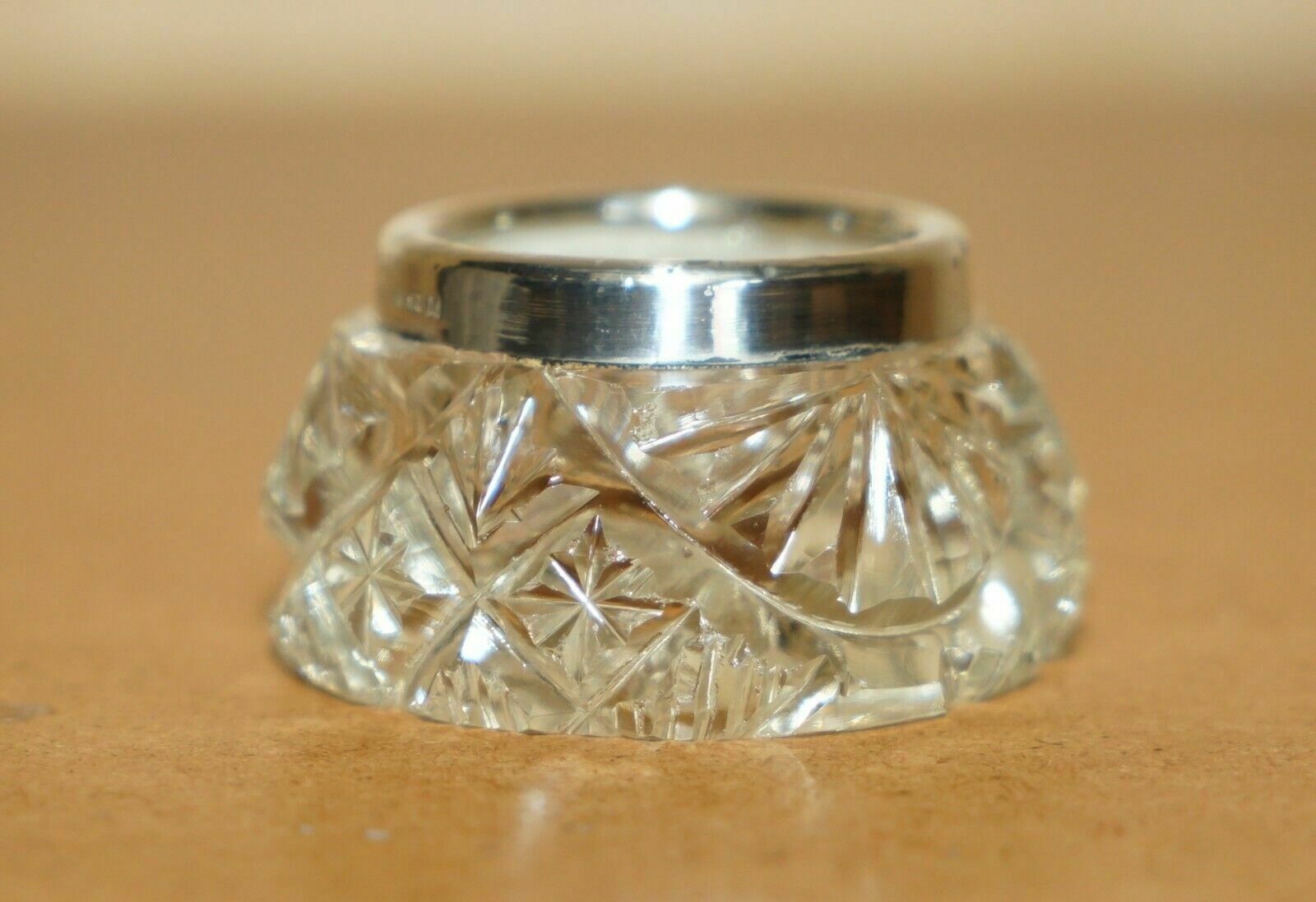 Henry Perkins & Sons Antique Cut Glass Crystal Trinket Pot Sterling Silver Trim photo for sale