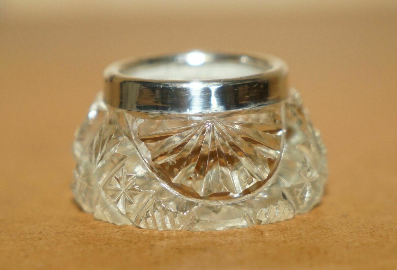 Henry Perkins & Sons Antique Cut Glass Crystal Trinket Pot Sterling Silver Trim photo vinterior