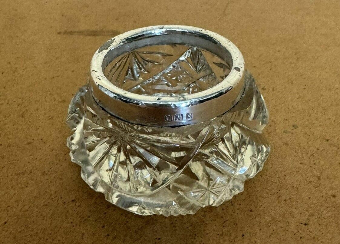 Henry Perkins & Sons Antique Cut Glass Crystal Trinket Pot Sterling Silver Trim photo vintage