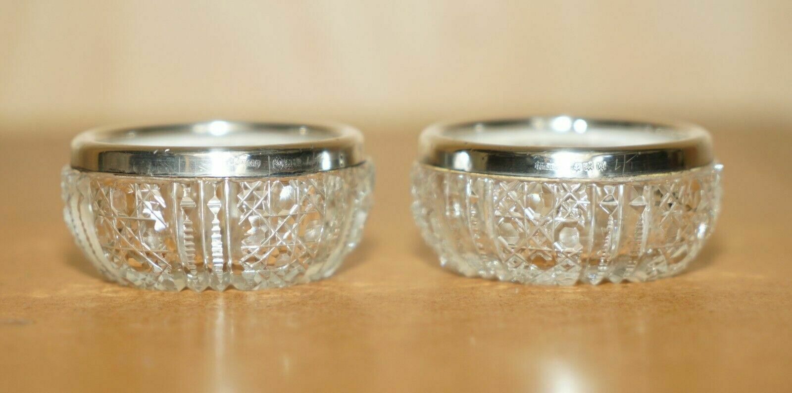 Pair Of Miller Brothers Antique Cut Glass Crystal Trinket Pot Sterling Silver
