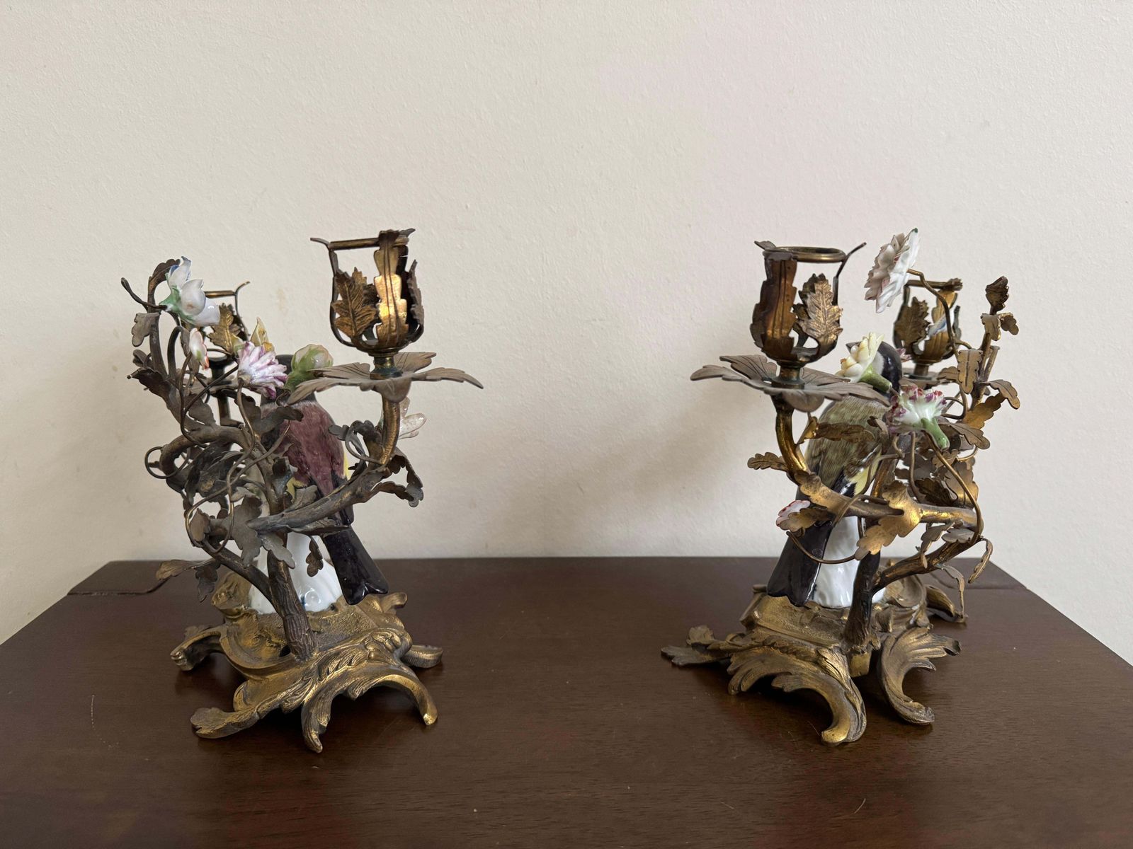 19th Century Pair Of Porcelain Birds In Ormolu Candelabra photo Home Decor