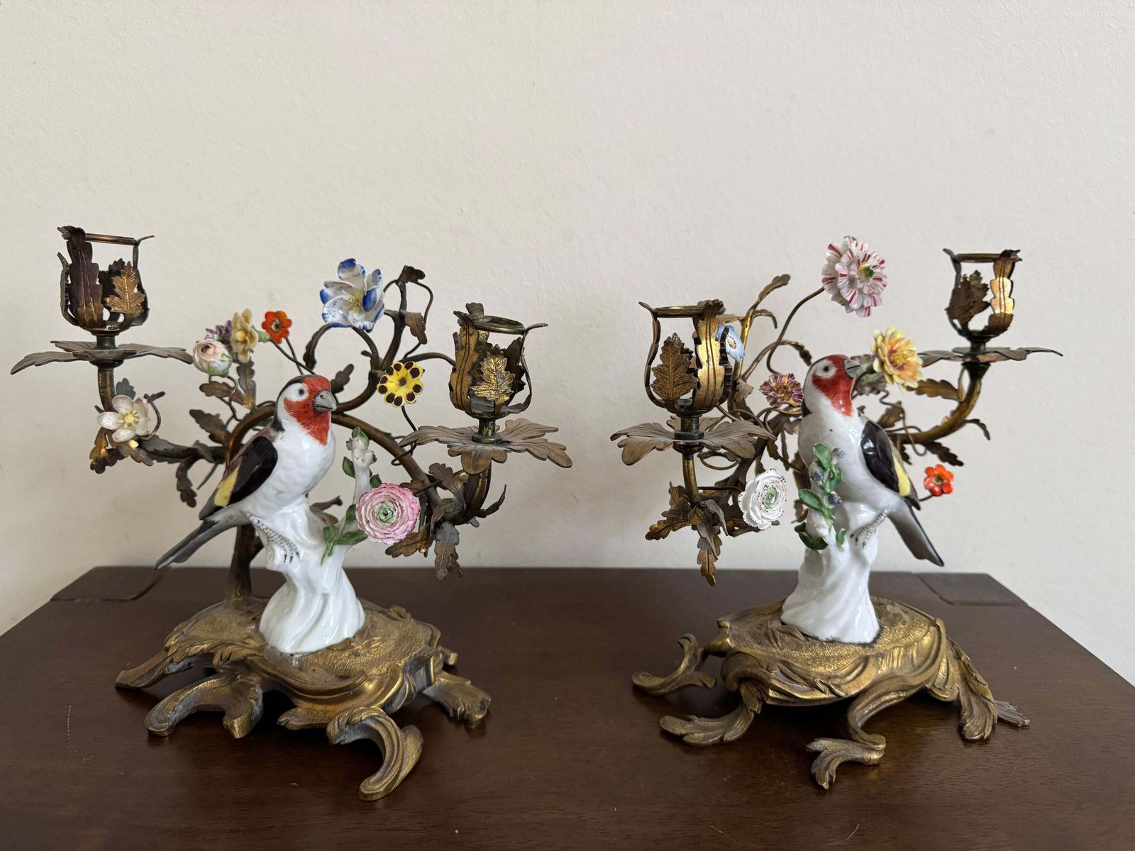 photo for sale 19th Century Pair Of Porcelain Birds In Ormolu Candelabra