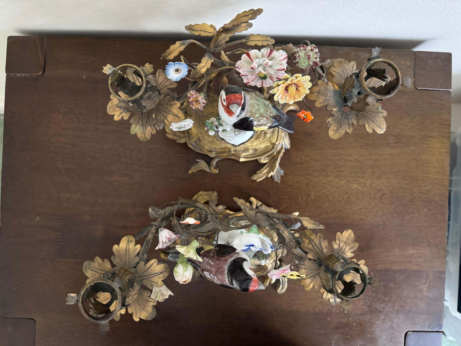 Home Decor 19th Century Pair Of Porcelain Birds In Ormolu Candelabra photo