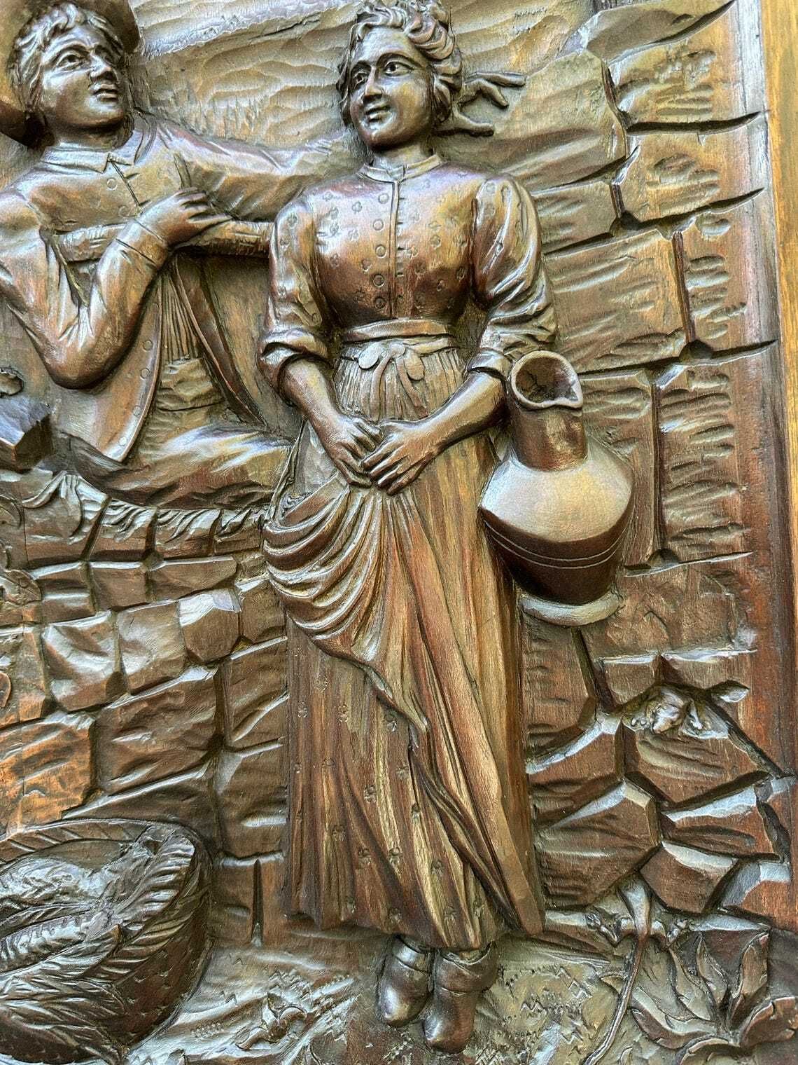 French Antique Architectural Romantic Peasant Scene Carved Wood Wall Panel 19th photo Home Decor