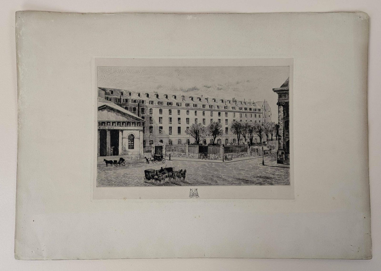 Antique French Etching By Apeux Of The Hospital Dieu Paris, Eau Forte Hôtel Dieu, Art Engraving