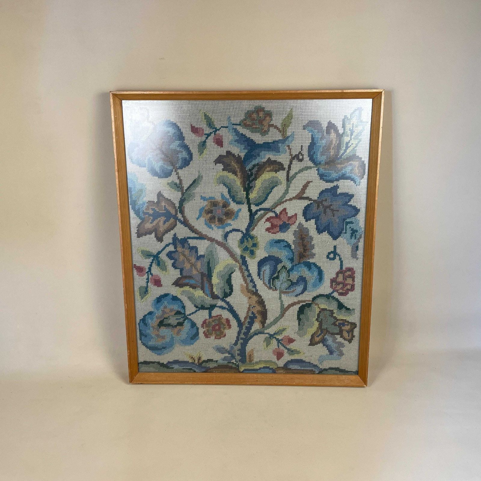 Flower Tree Embroidered Hand Stitched Floral Picture Wall Art Large Cottage Green Blue Fabric Textile Wood Frame Large photo furniture