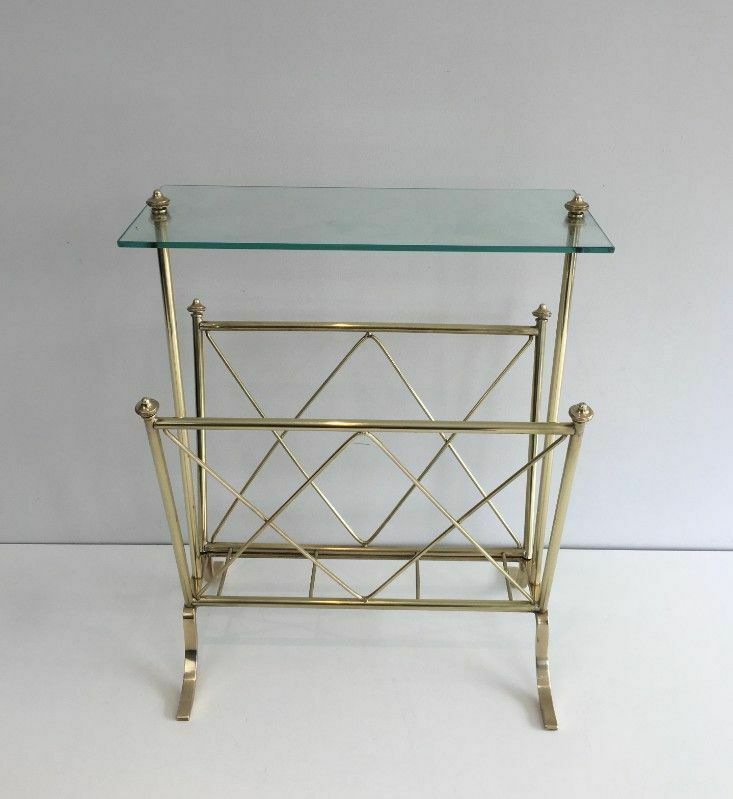 Neoclassical Style Brass Magazine Rack With Glass Shelf By Maison Jansen photo furniture