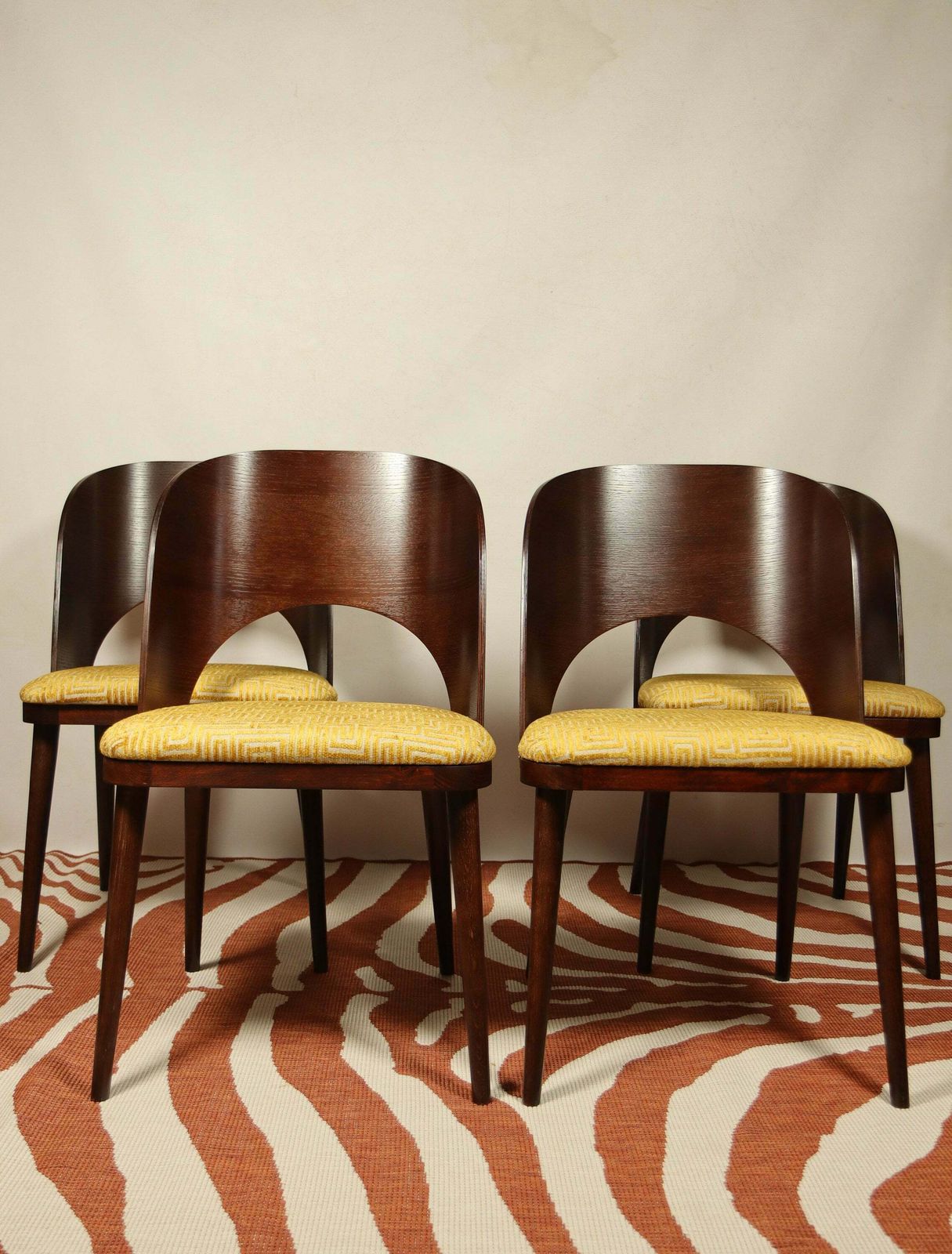 Art Deco Set Of 4 Chairs Dining Chairs Oak Wood And Geometrical Jacquard Yellow Gold Upholstery photo furniture
