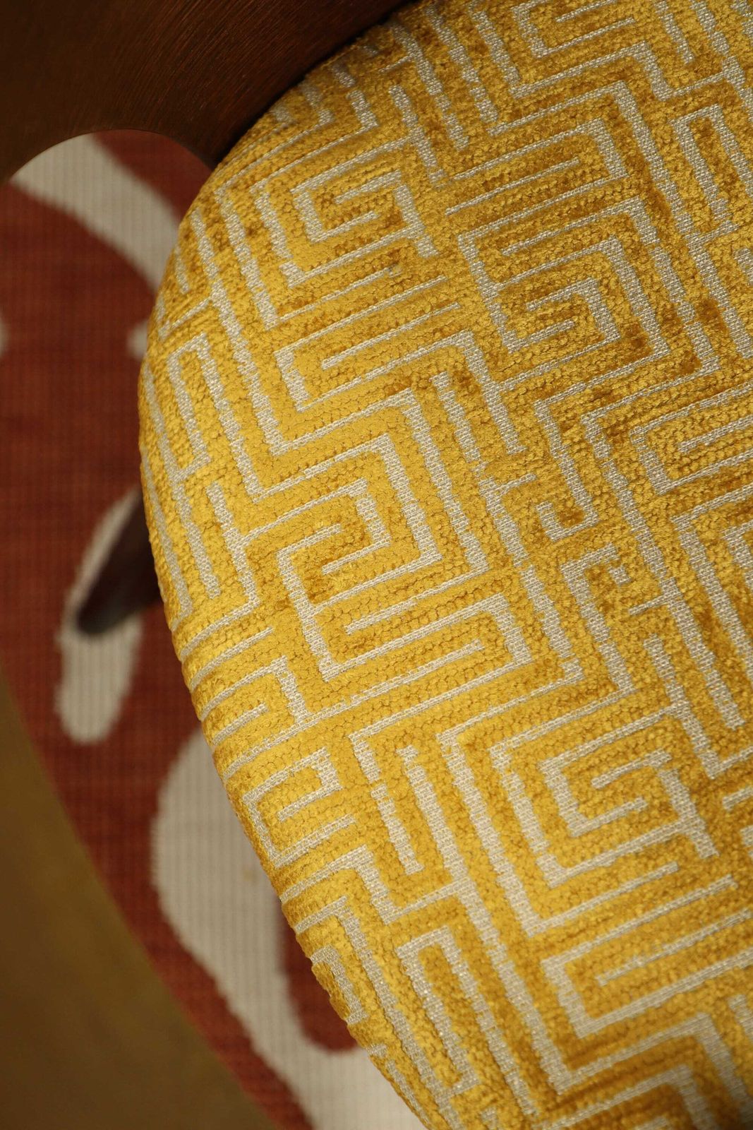 Art Deco Set Of 4 Chairs Dining Chairs Oak Wood And Geometrical Jacquard Yellow Gold Upholstery photo buy