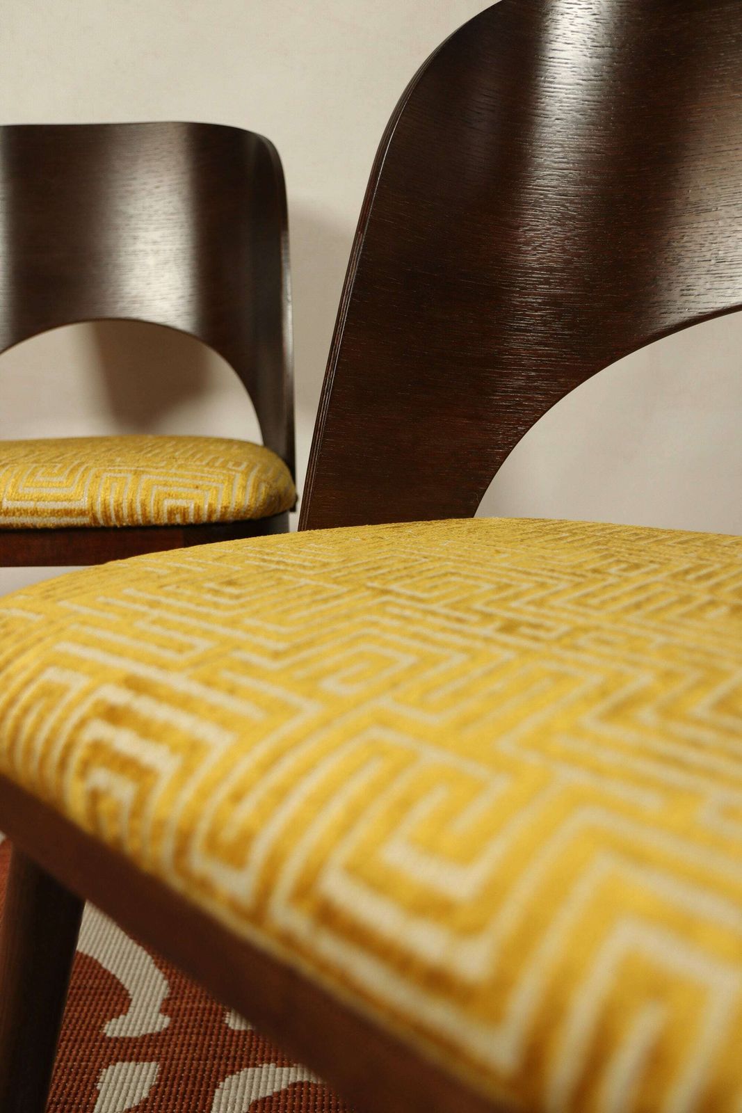 photo for sale Art Deco Set Of 4 Chairs Dining Chairs Oak Wood And Geometrical Jacquard Yellow Gold Upholstery