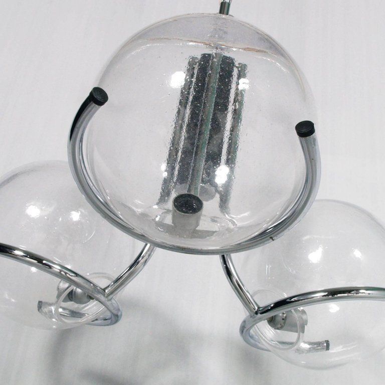 1970s Mazzega Murano Glass Pendant Chandelier, 3 Lights And Chromed Black Steel photo Lighting