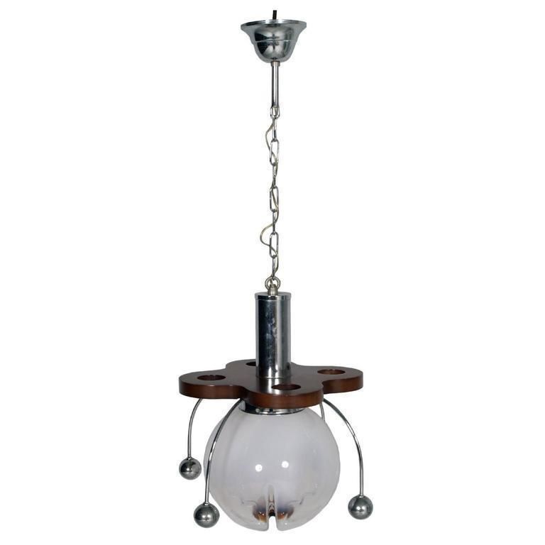 Italian 1960s Mazzega Murano Glass Chandelier, Atomo, Wood And Chrome Plated