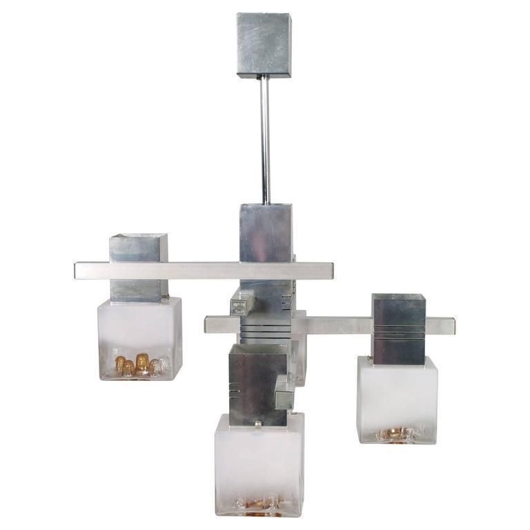 Metal Chrome Chandelier "Cubic" By Gaetano Sciolari For Mazzega Murano Glass photo furniture