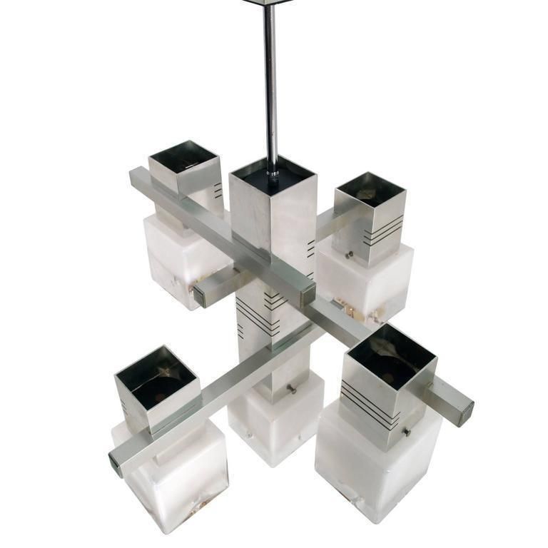 Metal Chrome Chandelier "Cubic" By Gaetano Sciolari For Mazzega Murano Glass photo for sale