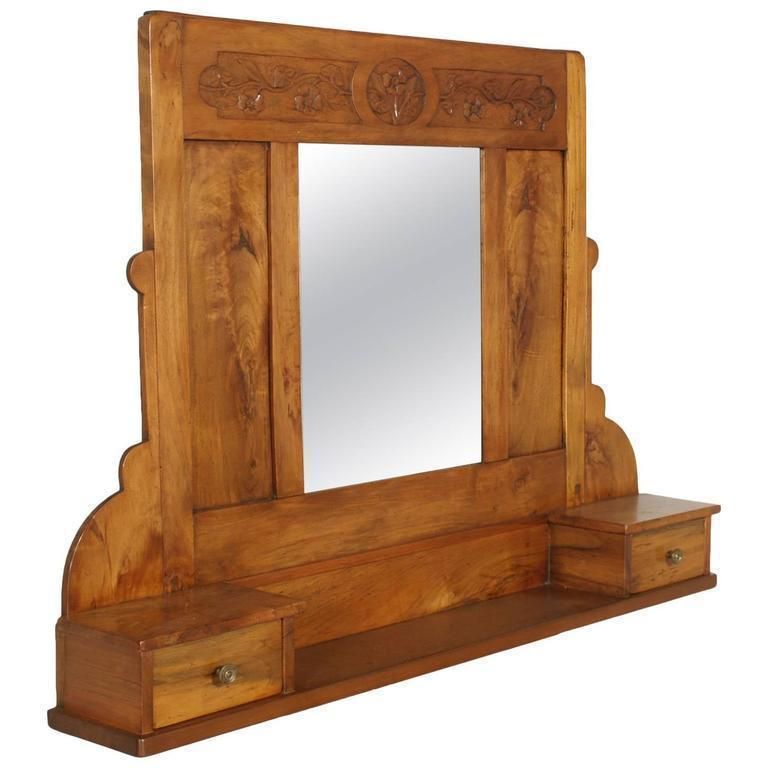 Art Nouveau Wall Mirror In Hand Carved Blond Walnut With Shelf And Two Drawers