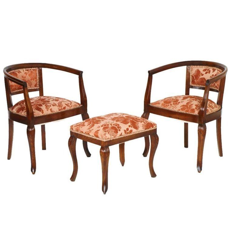 1900s Italy Pair Of Bedroom Armchairs Art Nouveau With Stool Hand Carved Walnut photo vinterior