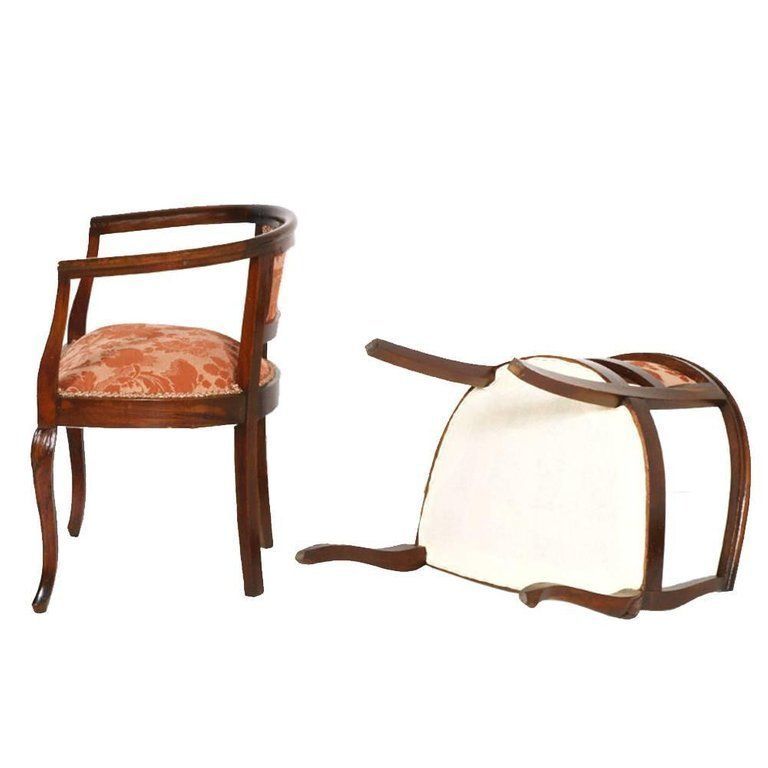 1900s Italy Pair Of Bedroom Armchairs Art Nouveau With Stool Hand Carved Walnut photo vintage