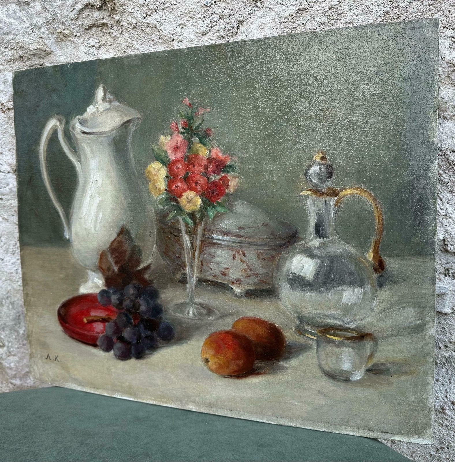 Still Life Oil Painting Fruits, Flowers, Porcelain And Glass Origin Art Signed Ak photo Art