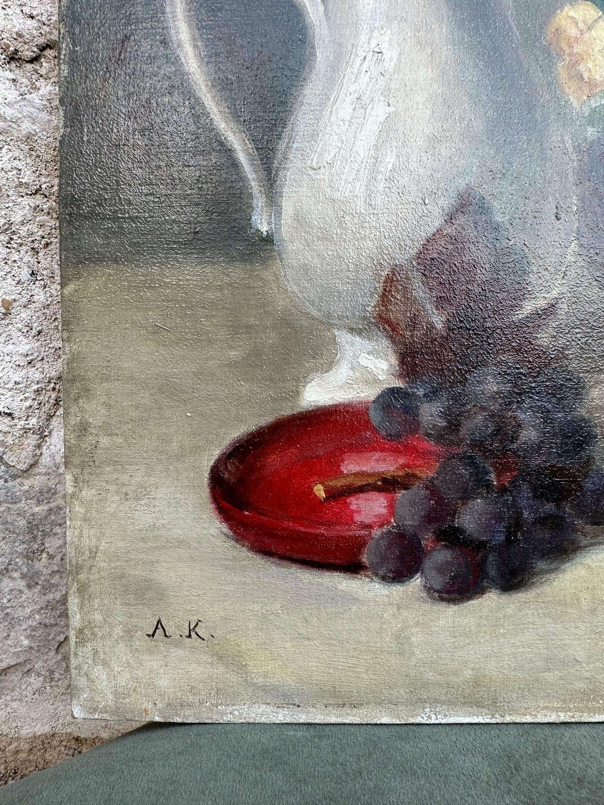 Still Life Oil Painting Fruits, Flowers, Porcelain And Glass Origin Art Signed Ak photo 218.0
