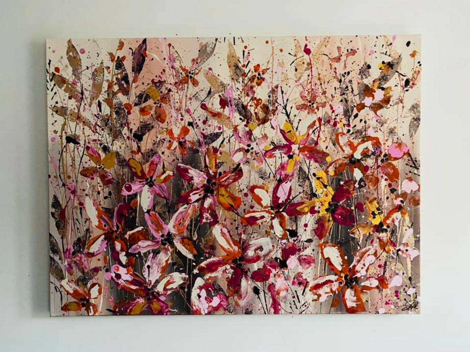 Keira . Hand Painted Original Pink/Brown Abstract Floralart On Canvas 100cm X 75cm