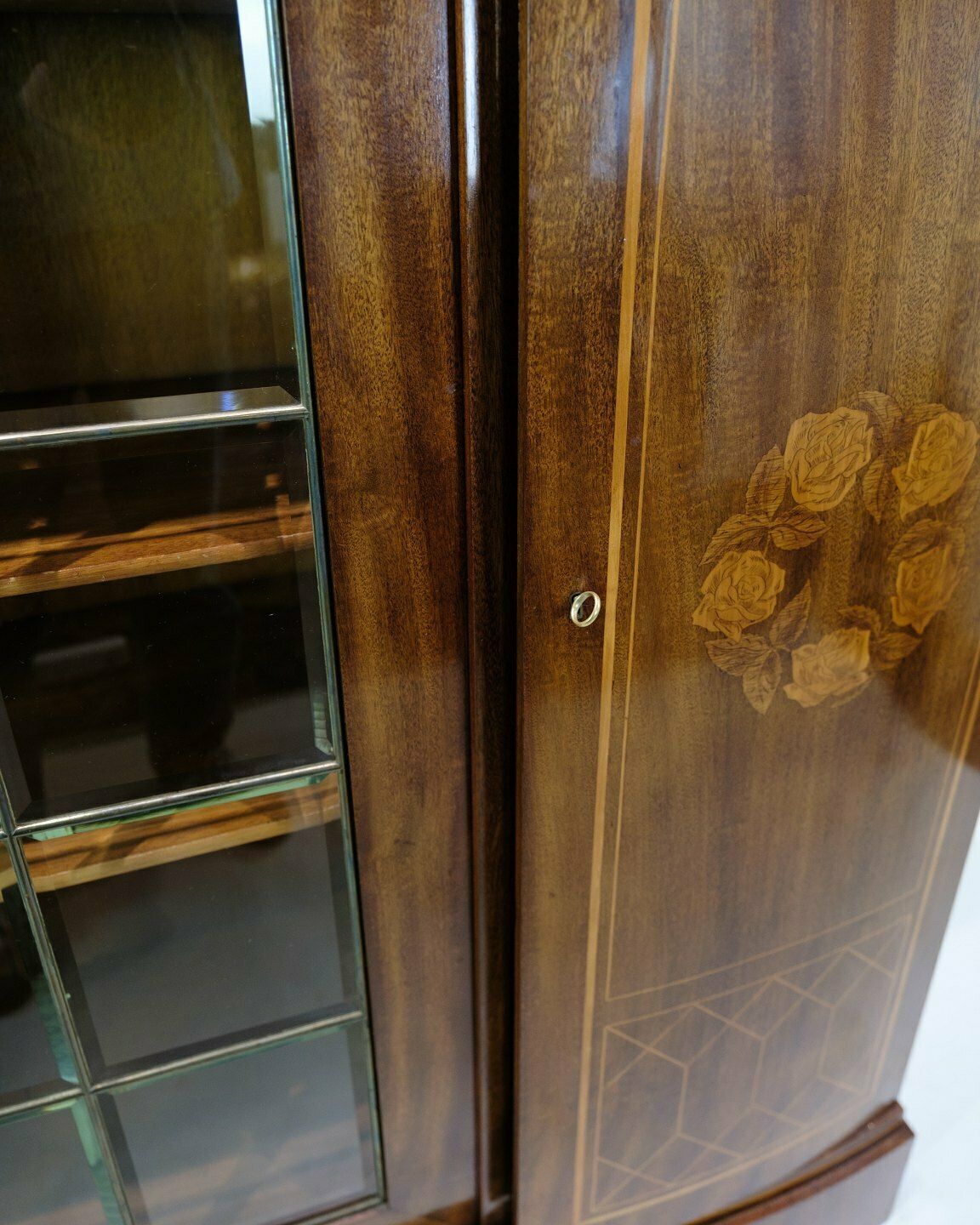 Antique Cabinet In Hand Polished Mahogany With Fruit Wood & Intarsia From 1920s photo for sale
