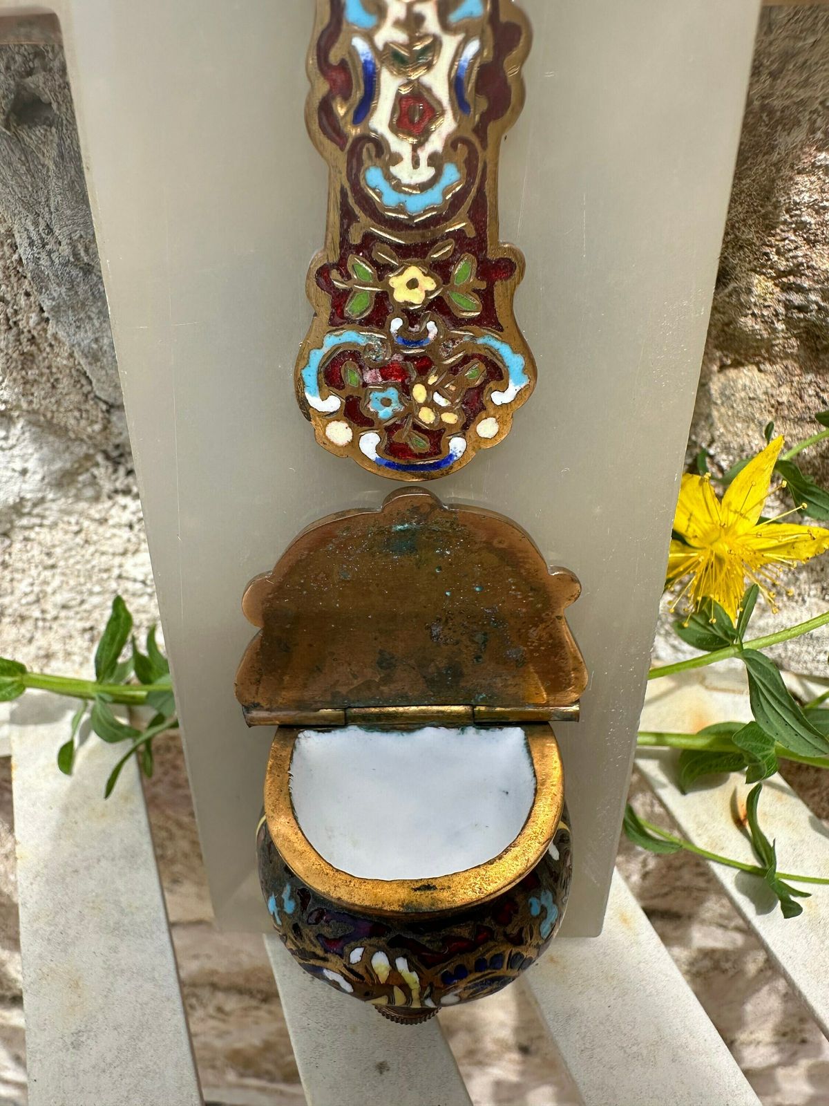 Antique French Cloisonne Enamel Holy Water Font On White Marble photo buy