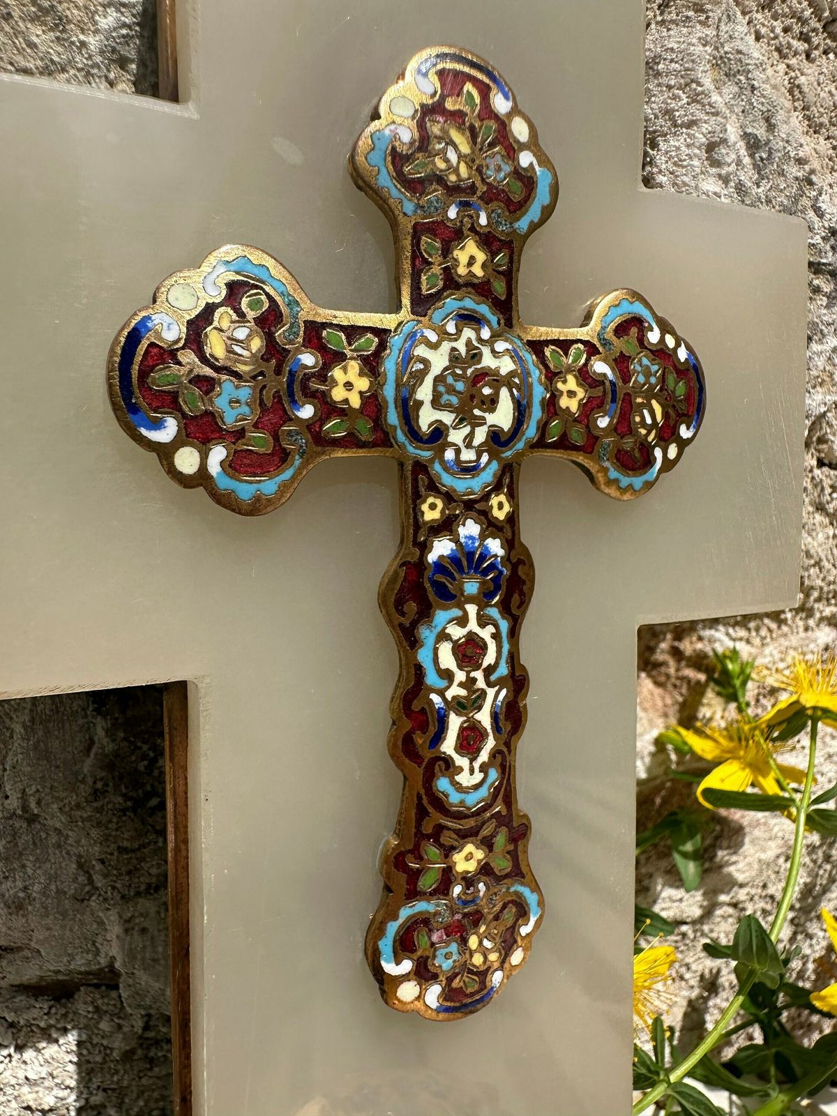 Antique French Cloisonne Enamel Holy Water Font On White Marble photo vintage