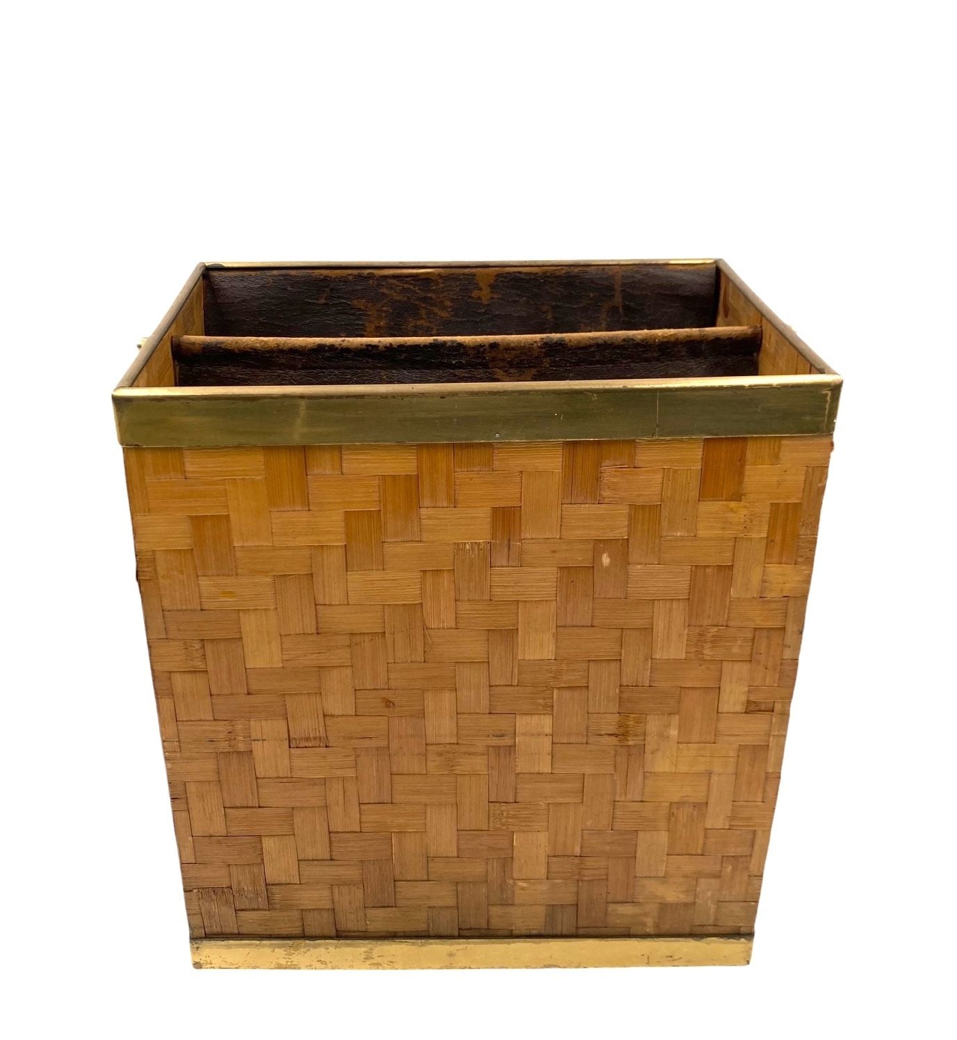 Hollywood Regency Brass And Woven Bamboo Magazine Rack, Metal Linea Nova Italy 1970 photo buy