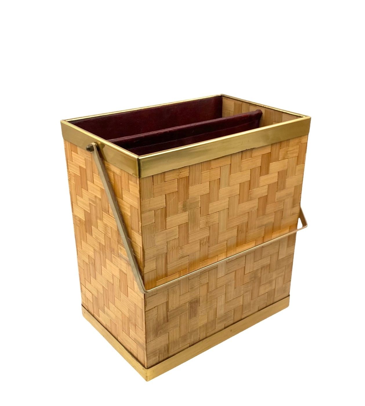 Hollywood Regency Brass And Woven Bamboo Magazine Rack, Metal Linea Nova Italy 1970 photo 450.0