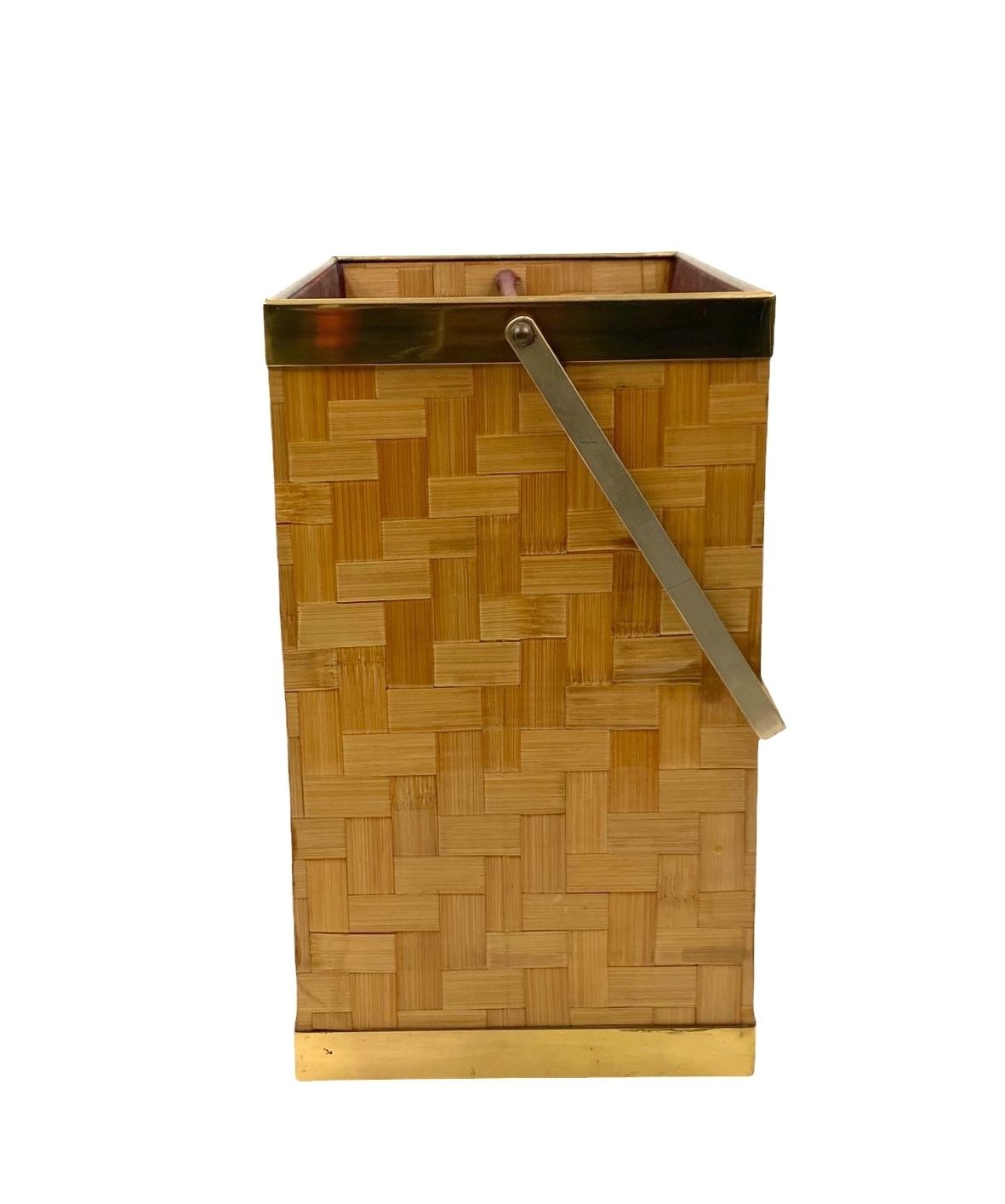 Hollywood Regency Brass And Woven Bamboo Magazine Rack, Metal Linea Nova Italy 1970 photo buy