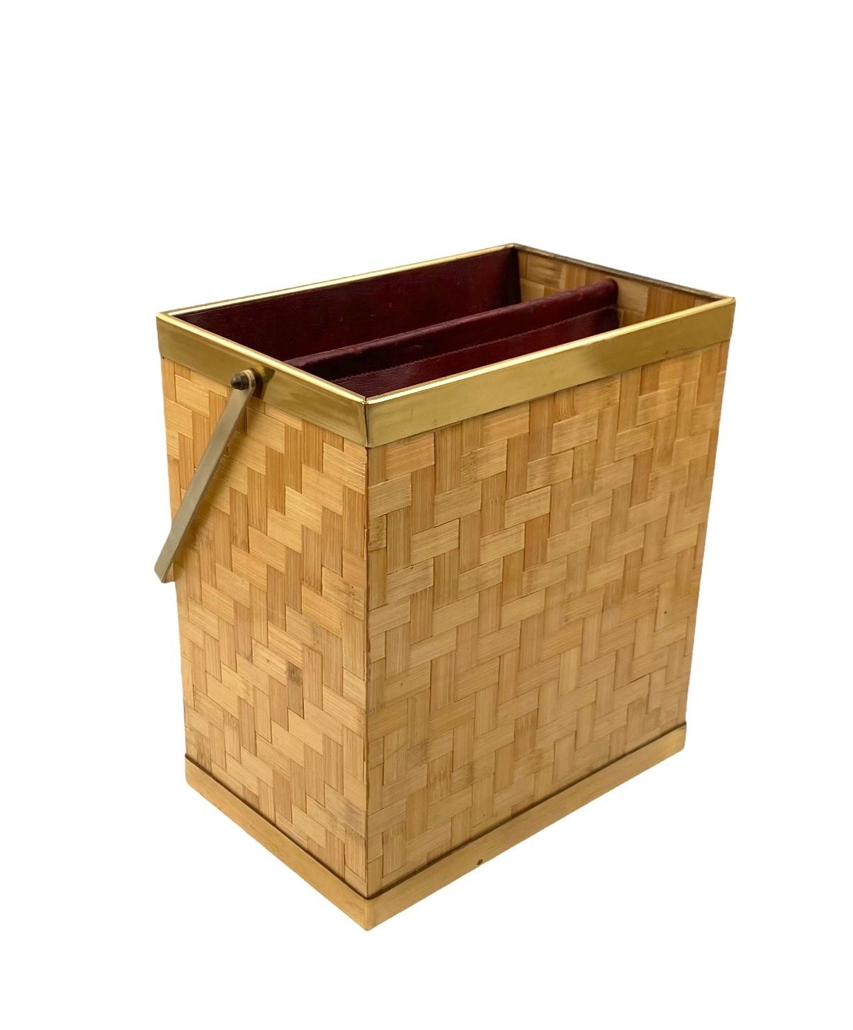Home Decor Hollywood Regency Brass And Woven Bamboo Magazine Rack, Metal Linea Nova Italy 1970 photo