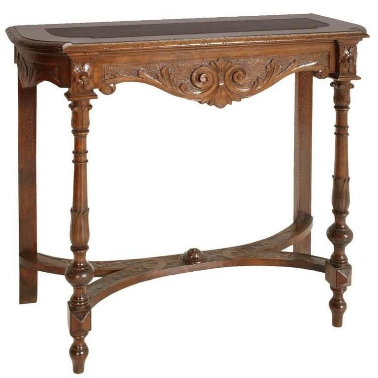 Venetian Umbertina Console Attributable Cadorin, Carved Walnut Brown Leather Top