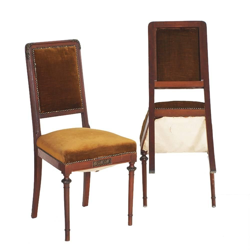 Last 19th Century Art Nouveau Side Chairs, Walnut, Velvet, Eugenio Quarti Style photo for sale