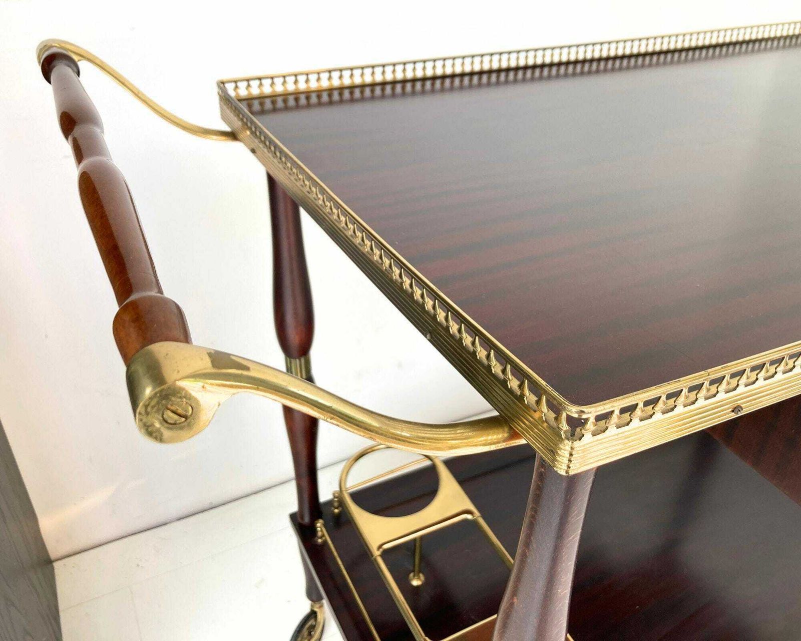 French Bar Cart | Brass And Lacquered Wood | Drawers And Bottle Holder | 1960s photo buy