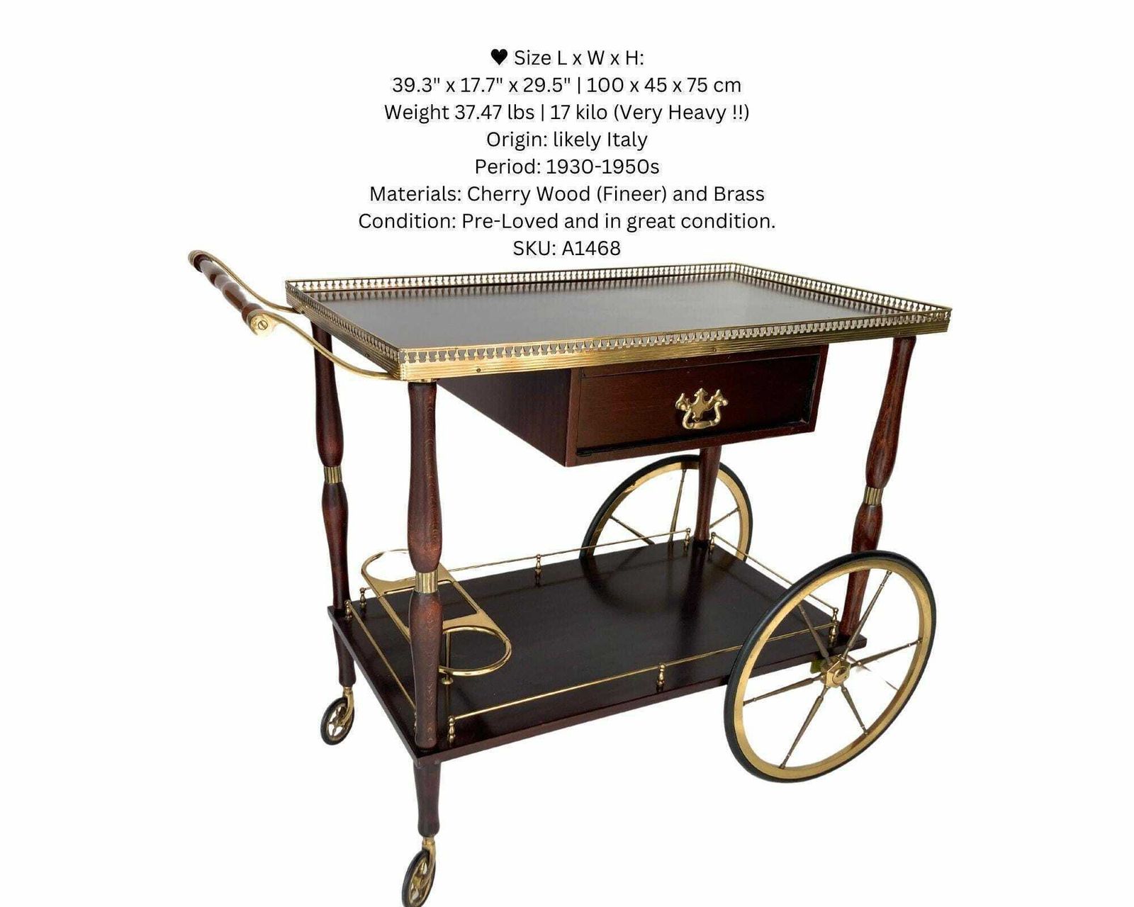 photo for sale French Bar Cart | Brass And Lacquered Wood | Drawers And Bottle Holder | 1960s