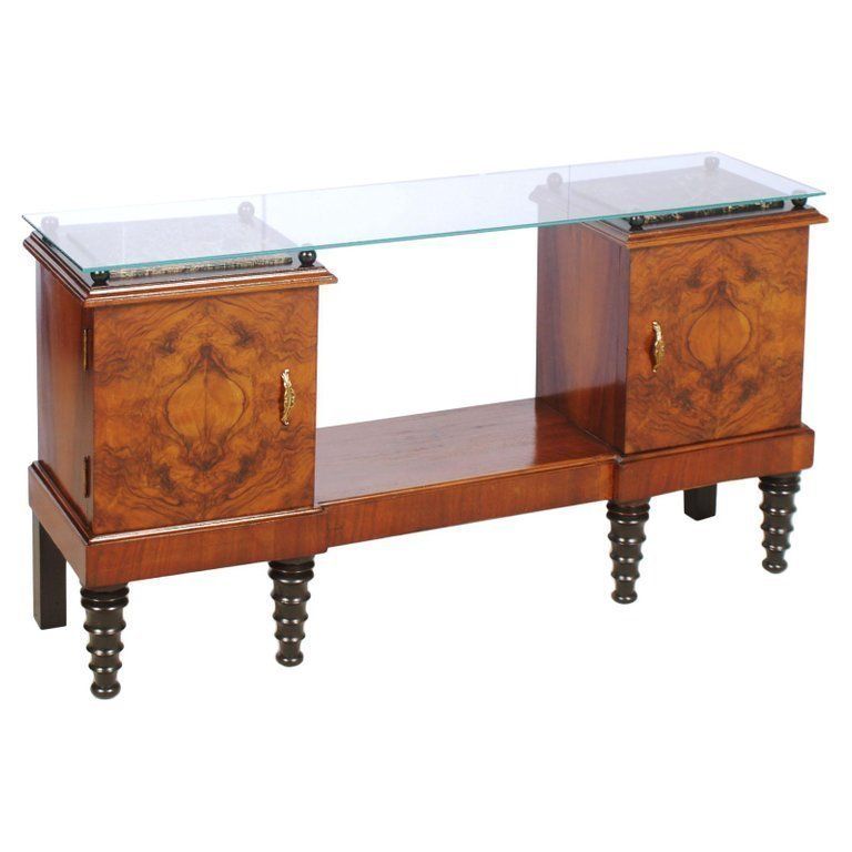 Early 20th Century Console, Tv Stand, Burl & Ebonized Walnut, Marble, Glass Top