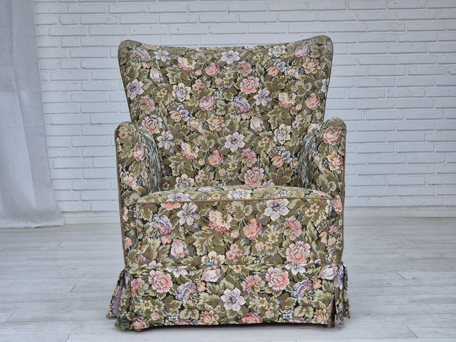 1970s, Danish Armchair, Reupholstered, Flowers Furniture Fabric. photo Furniture