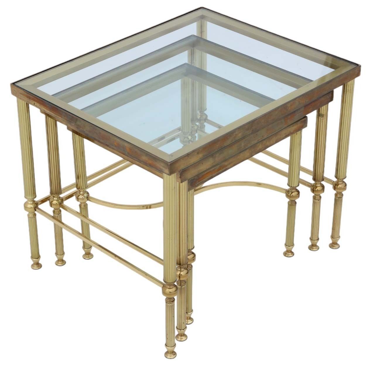 Vintage Retro Fine Quality Nest Of 3 Ormolu Brass And Glass Tables Coffee Side photo for sale