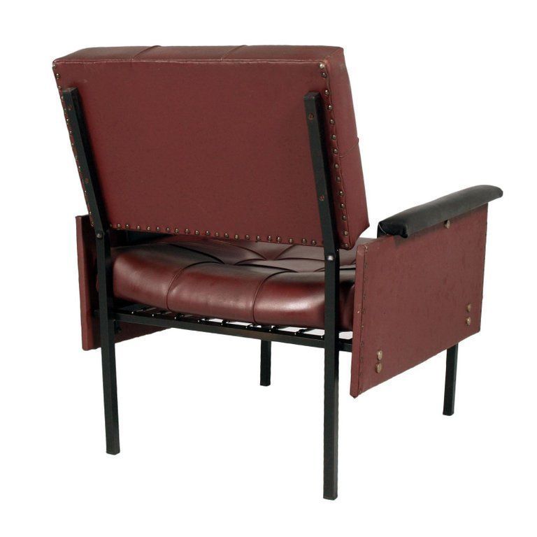 Italy 1960s Cubist Armchairs & Sofa, Iron Legs, Faux Leather Quilted Upholstery photo vinterior